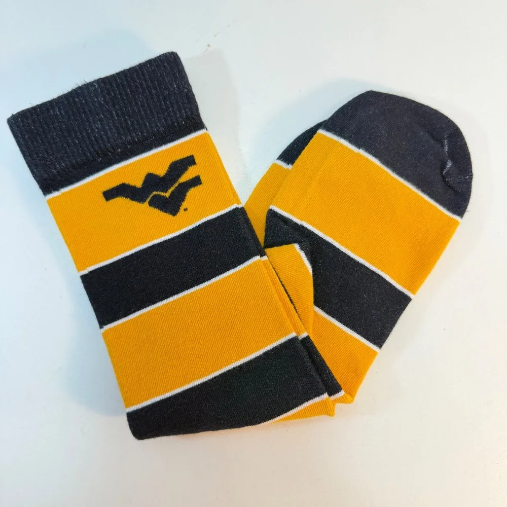 West Virginia University Crew Socks Adult OSFM Gold Navy Blue Striped WVU Logo